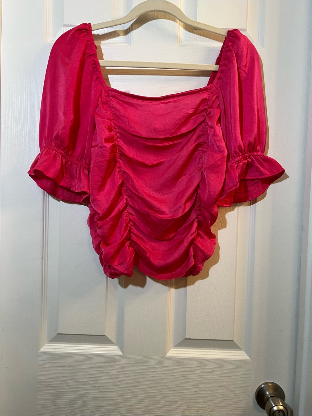 🦋 glam Hot Pink Ruched Square-Neck Puff Sleeve Top size large